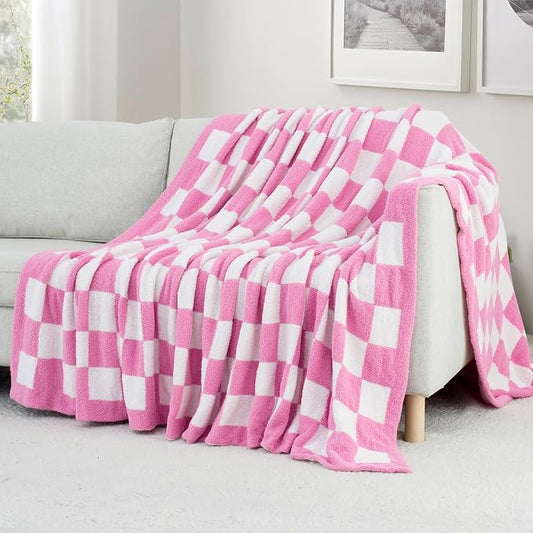 Carriediosa Checkered Throw Blanket 90x90, 400GSM Ultra Soft Microfiber | Hot Pink, Queen, Fuzzy Fluffy Cozy Plush Knitted Plaid Checker, Lightweight Cute Preppy Fall Blankets & Throws for Couch, Bed