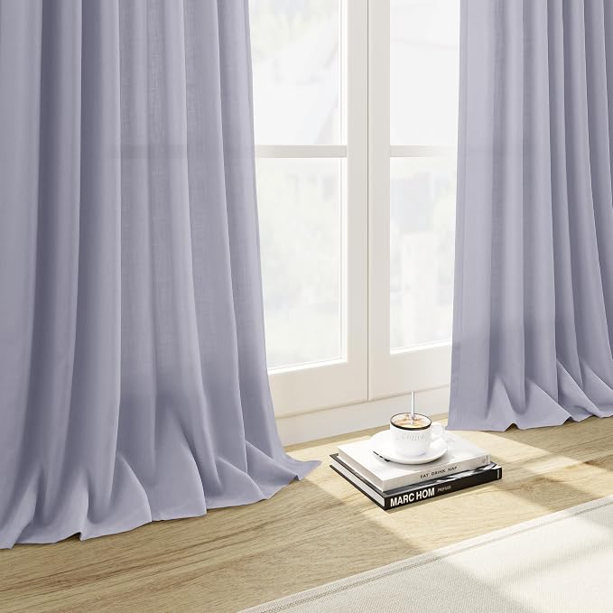 Lavender Purple Linen Curtains 90 Inches Long for Living Room Boho Decor Light Filtering Semi Sheer Curtain Back Tab and Rod Pocket Modern Luxury Drapes for Bedroom Office 52x90, 2 Panels