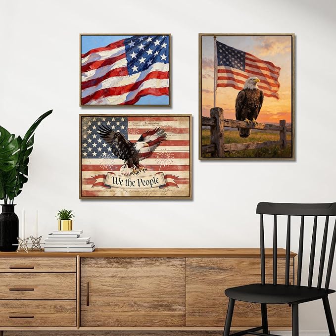 American Flag Framed Canvas Wall Art, 4th of July Patriotic Canvas Prints | USA Flag with Bald Eagle Poster Print, Vintage Independence Day Wall Decor for Bedroom Living Room 16×20in