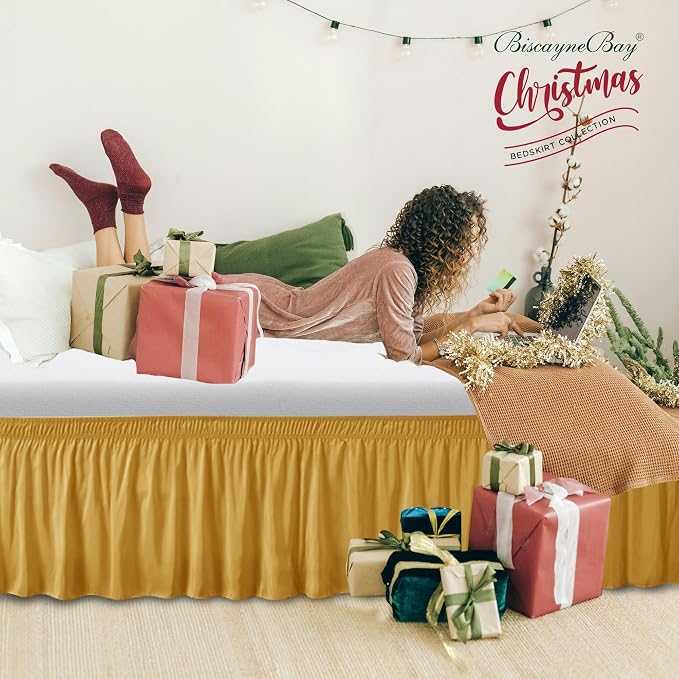 Wrap Around Bed Skirt King Size 12 Inch Drop-Elastic Dust Ruffle Gold | Adjustable Pleated Bedskirt-Easy Fit Wrinkle Resistant Washable Hotel Quality Fabric Bed Skirting-Master Guest Bedroom Rental