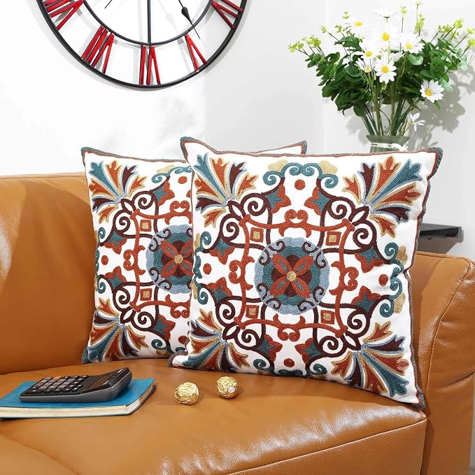 Throw Pillows Cover for Couch 18x18 inches Set of 2 Embroidered Pattern Decorative Pillow Case Covers for Living Room Sofa Bed Chair