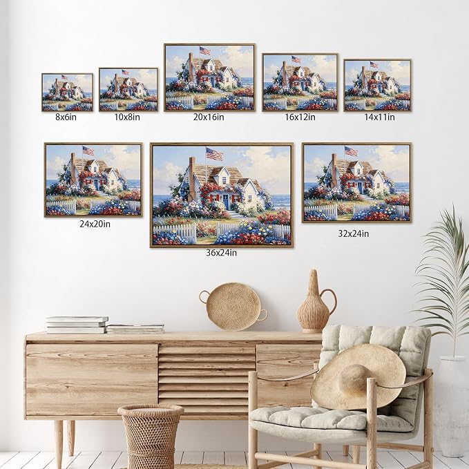 American Flag Framed Canvas Wall Art, 4th of July Patriotic Canvas Prints | Summer Cottage Landscape Poster Print, Vintage Independence Day Wall Decor for Bedroom Living Room Office 16×20in