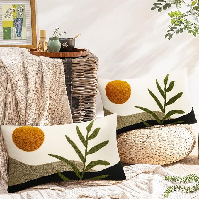 Merrycolor Boho Lumbar Throw Pillow Covers 12x20 Tufted Abstract Mid Century Modern Pillowcases Bohemian Aesthetic Decorative Pillows for Couch Bed Sofa Living Room (1PC,Green and Black)