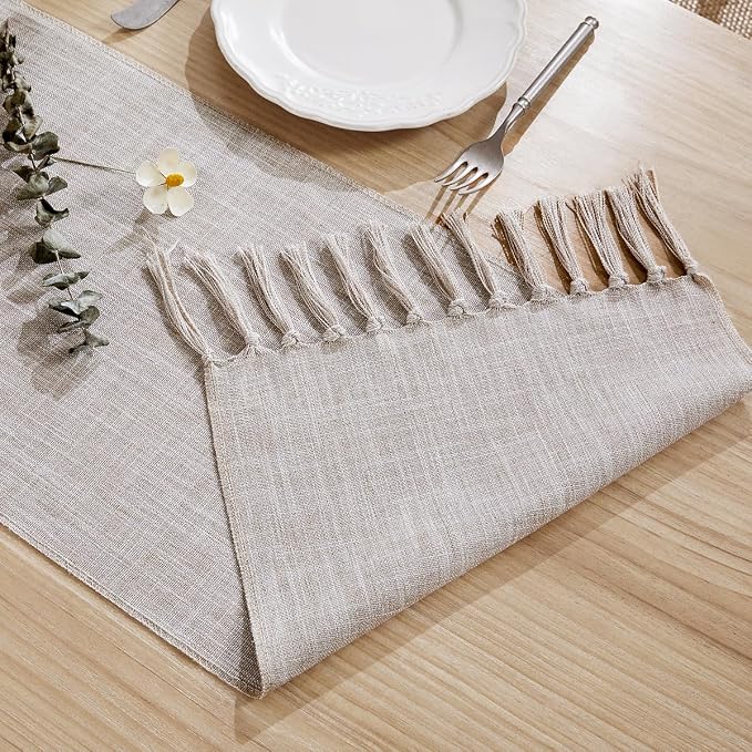 Cotton Linen Table Runner, 13x108 Inch Coffee with Hand Tassels | Linen Style Rustic Farmhouse Table Runners 108 Inches Long for Home Dresser Kitchen Dining Table Decor, Machine Wash