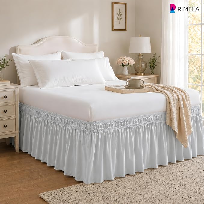 Ice Grey Bed Skirt King Size 15" Drop, Elastic Wrap Around Bedskirt | Solid Ruffled, Easy to Use, No Mattress Lifting, Wrinkle & Fade Resistant, with Adhesive Strips, Machine Wash/Dry/Iron