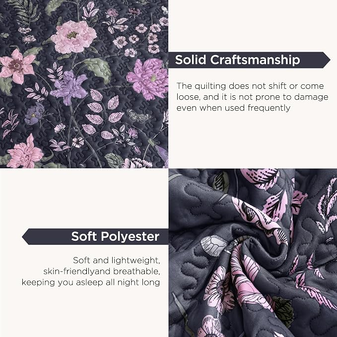 Litanika Floral Dark Purple Quilt Set- 3Pcs Botanical Birds Pattren Bed | Super King Bedspread Summer Lightweight Soft Coverlet with Pink Flower for All Seasons (120"x120")