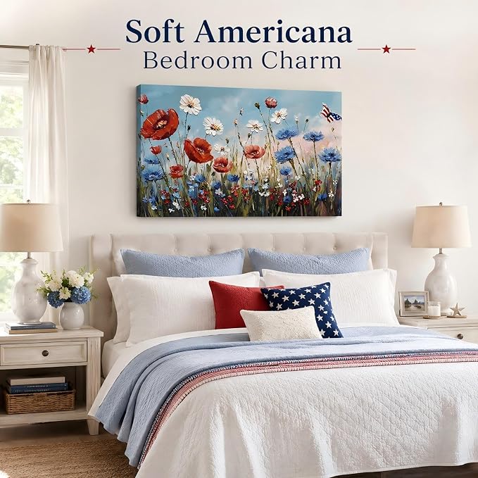 Patriotic Red White Blue Wildflower Wall Art, 4th of July Floral Canvas Prints, Framed Independence Day Wall Decor, American Flag Butterfly Artwork for Bedroom Office, Made in USA