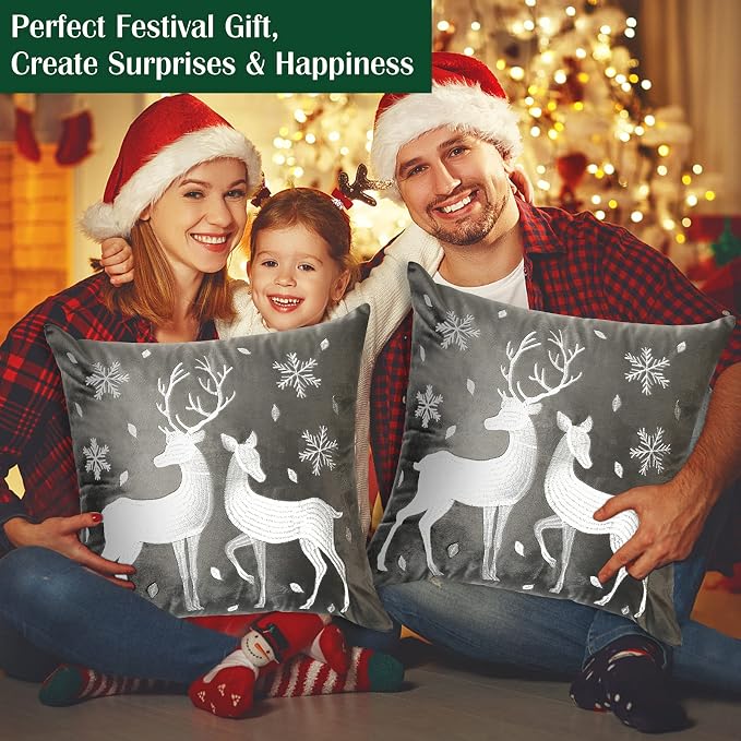 Lewondr Christmas Throw Pillow Cover with Deer Snowflake, 18"x18", 2 Pack | Gray, Soft Velvet, Embroidery Decorative, Luxurious Sofa Cushion Cover, Home Christmas Decoration