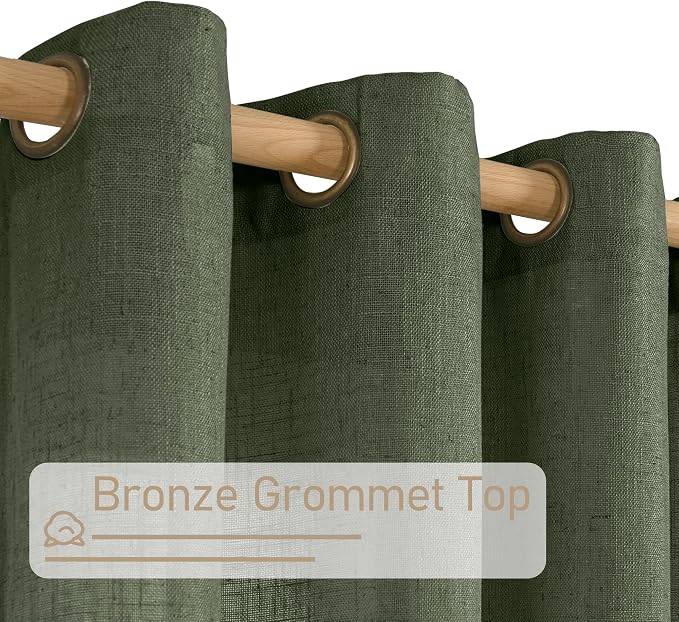 Olive Green Linen Sheer Curtains 95 inch for Living Room 2 Panels | Soft Thick, Light Filtering, Boho, Bedroom Curtains, Neutral, Christmas, Drapes for Farmhouse, Bronze Grommet, 52 x 95 Inch