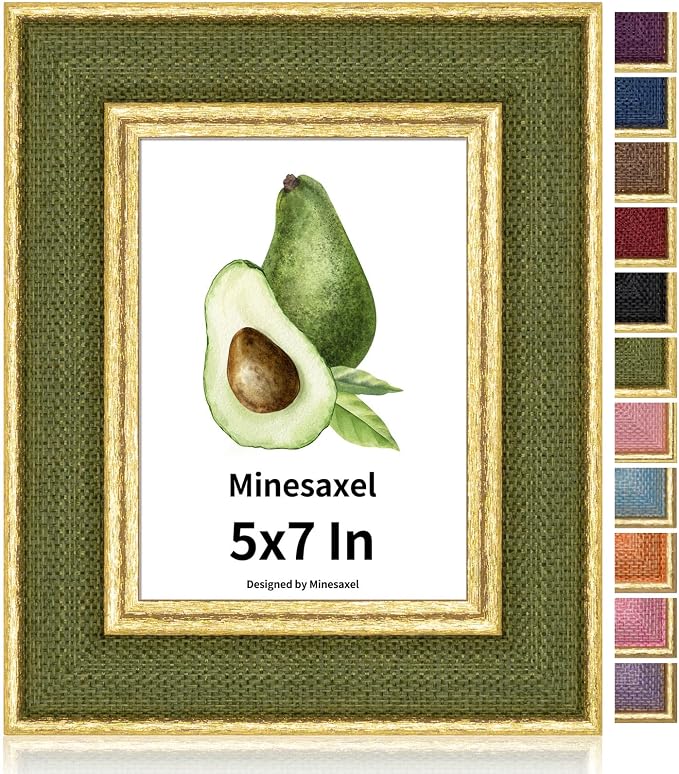 5x7 Picture Frame - Green Fabric & Vintage Gold Border HD Real Glass with Easel for Tabletop/Wall (Family Photos, Cabin Decor 1 Pack)
