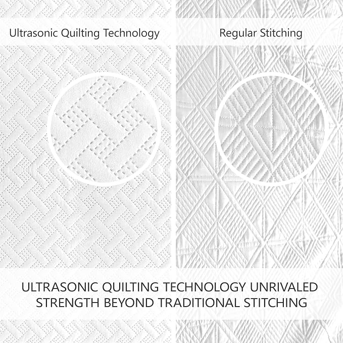 FLYMME Queen Quilt Bedding Set White Lightweight Bedspreads Full Size,Modern Style Geometric Weave Stripe Pattern,Soft Microfiber Bed Coverlet for All Season (1 Quilt, 2 Shams)