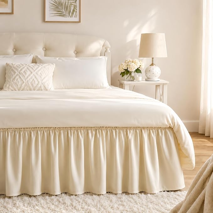 Light Beige Bed Skirt King Size 15" Drop, Elastic Wrap Around Bedskirt | Solid Ruffled, Easy to Use, No Mattress Lifting, Wrinkle & Fade Resistant, with Adhesive Strips, Machine Wash/Dry/Iron