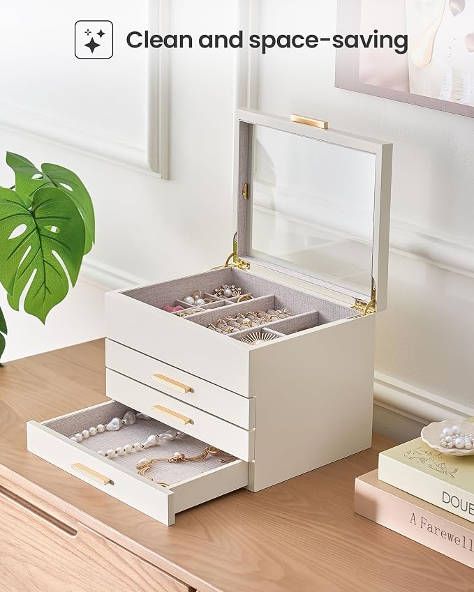 Lolalet Jewelry Box, Clear Window Wood Jewelry Storage for Earrings Bracelets Necklaces Rings, High Capacity Organizer for Women, Valentine's Day Gift -Beige, 4 Layers