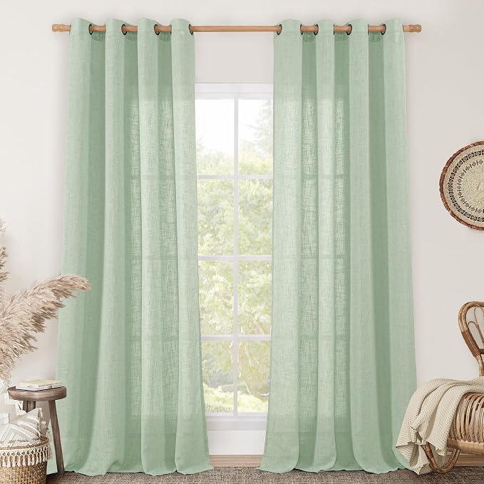 Semi Sheer Linen Curtains for Living Room 84 inch Length 2 Panels | Light Filtering, Curtains for Bedroom, Farmhouse, Sliding Glass Door, Boho, Bronze Grommet Drapes, Fresh Green, 52 x 84 Inch