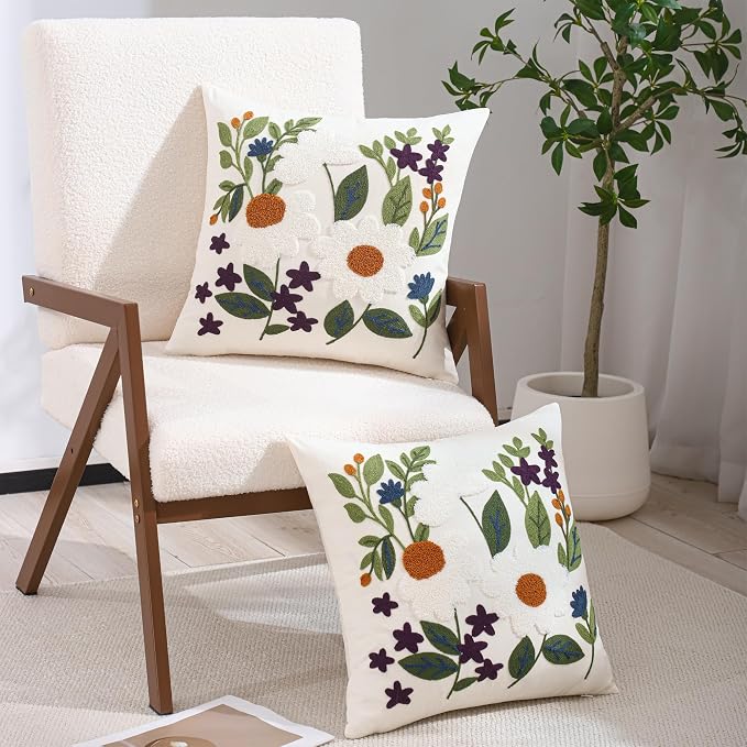 Embroidered Throw Pillow Covers 18x18 Pack of 2 Green Leaves Daisy Pillow Covers Floral Pillowcases Farmhouse Pillow Cushion Cases Square Flower Boho Pillow Case Summer Decor
