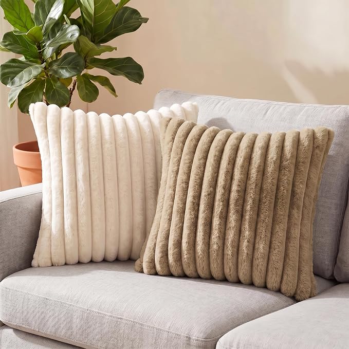Pack of 2 Throw Pillow Covers 20x12 Decorative Solid Plush Faux Fur with Soft Velvet Back, Square Striped Cushion Cases Modern Farmhouse Home Decor for Living Room Couch Sofa Bed Khaki