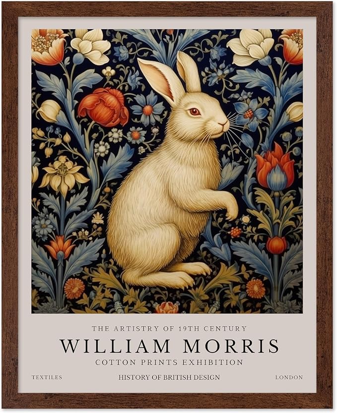 Poster Master William Morris Poster - White Rabbit Print - Flower Art - Animal Artwork - Floral Design - Bunny Illustration - Great Office or Bedroom Decor - 16x20 Brown Framed