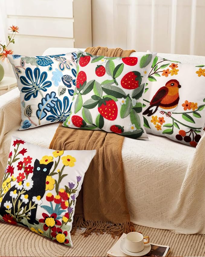 Embroidered Throw Pillow Cover - 18x18 Decorative Pillow Cover with Zipper Aesthetic Cute Design Boho Spring Summer Throw Pillowcase for Living Room Couch Sofa Bed, Leaf Strawberry