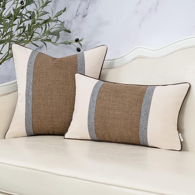 Yangest Patchwork Pillow Cover 12x20 Inch Luxury Cotton and Linen Cushion Cover Rectangle Pillowcover for Couch Bedroom Living Room,Brown