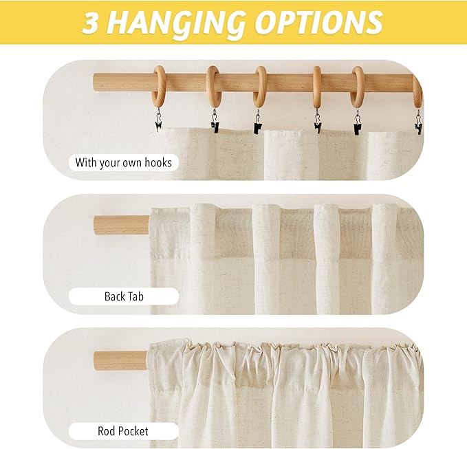 NICETOWN Natural Linen Small Window Curtains 48 inches Long, Rod Pocket & Back Tab Privacy Added Window Treatments Light Filtering Drapes for Kitchen, W42 x L48, 2 Panels