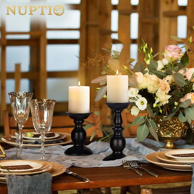 NUPTIO Black Candle Holder for Pillars: Rustic Metal Candle Stands Set