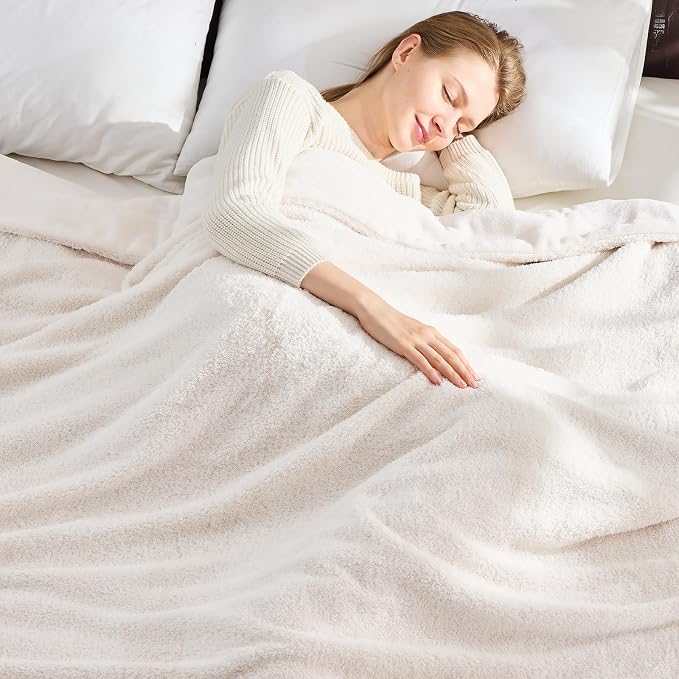 NEWCOSPLAY Knitted Throw Blanket for Couch Sofa Bed, Plush-Ivory, 60"x80" | Super Soft Plush, Fuzzy Fluffy Microfiber, Lightweight Cozy Blanket for Room Decor, All Season Use