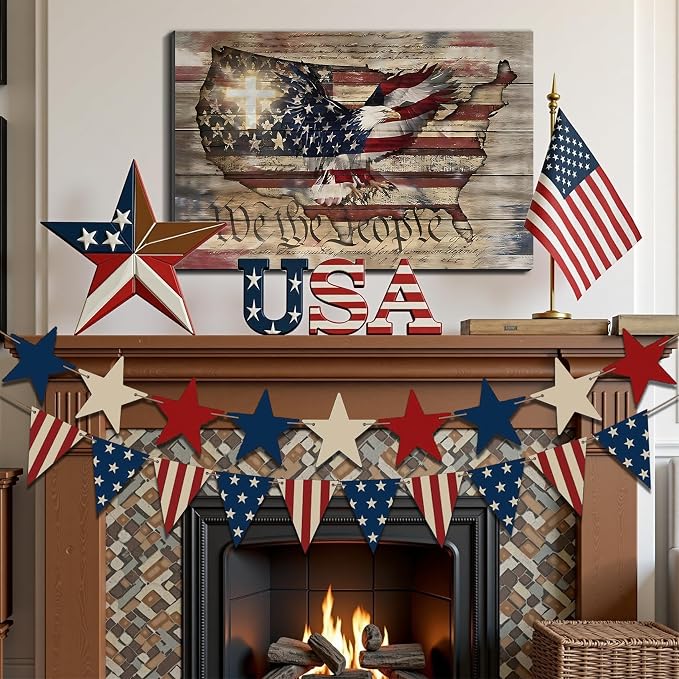 Framed We The People Bald Eagle USA Map Wall Art, Patriotic American Flag Canvas Art Pictures, Patriotic Wall Decor for Office Living Room Man Cave, Ready to Hang Made in USA