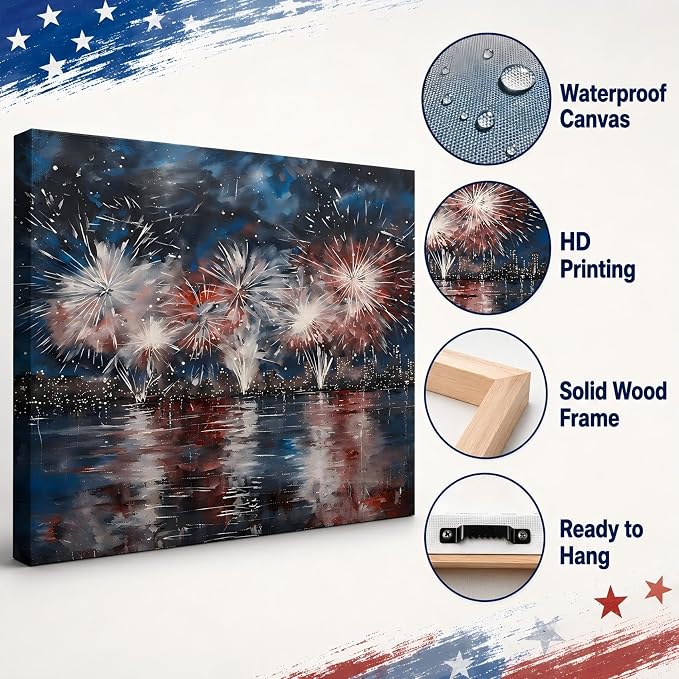 Patriotic 4th of July Fireworks Framed Canvas Wall Art, Red White Blue City Night Skyline Painting, Independence Day Holiday Decor for Living Room, Bedroom, Kitchen and Home Decoration