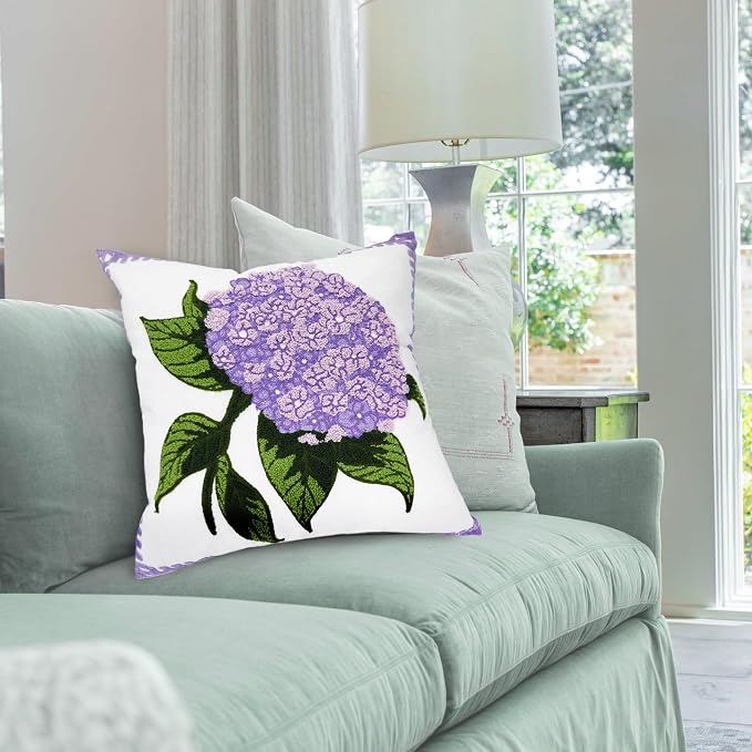 Alysheer Hydrangea Embroidered Decorative Throw Pillow Covers 18"x 18" Set of 2, Purple Lilac Floral Tufted Patterned Cotton Cushion Cases for Couch Bed Living Room Decor