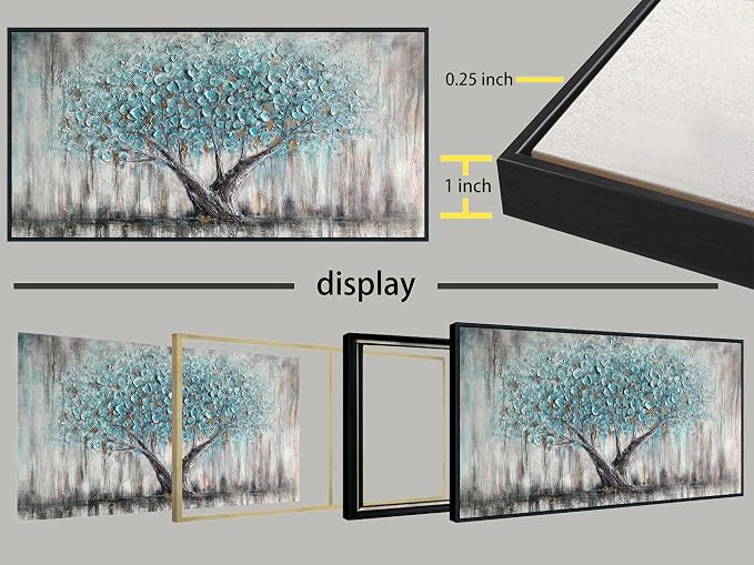 Arjun Framed Blue Tree Canvas Wall Art Large Tree of Life Painting 48"x24" | Living Room Bedroom Teal Hand Painted Textured Painting, Nature Picture Panoramic Landscape Artwork Home Office Wall Decor