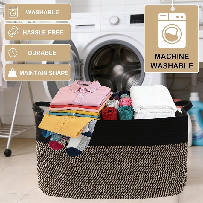 96L Laundry Basket with Handles, Extra Blanket Basket, Black/Jute | 24"×16"×15" Collapsible Cotton Rope Storage Basket for Toys Clothes & Pillows, Nursery, Bathroom, Bedroom, Living Room