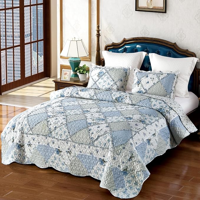 Oversized King Size Quilt Set 128x120 Blue Floral Patchwork Bedspreads Set | 3-Piece Extra Wide Super King Size Bedding Set Rversible Quilted Coverlet Lightweight Comforter Bed Cover with 2 Pillowcases