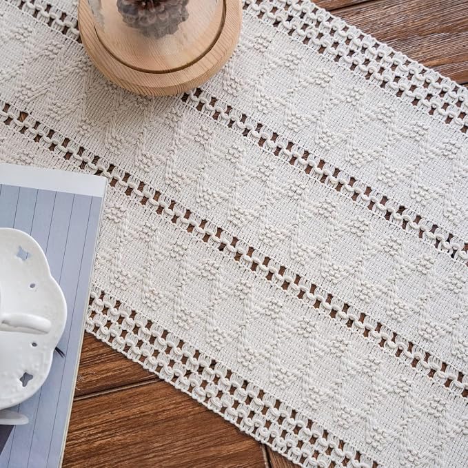Macrame Table Runner Cream Beige Boho Table Runners with Tassels 12x36in | Alynsehom Hand Woven Cotton Table Runner Rustic Farmhouse Table Runners for Bohemian Kitchen Dining Table