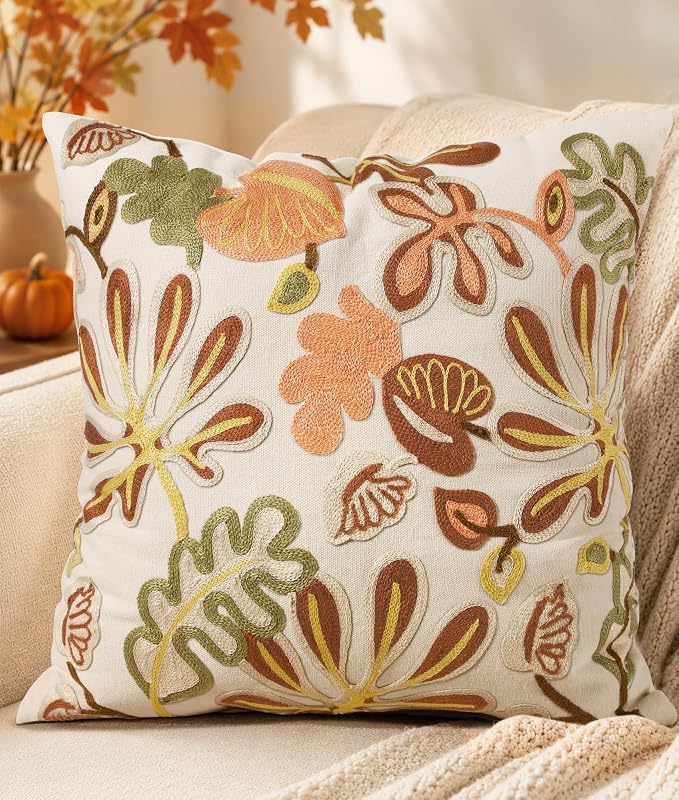 Fall Embroidered Throw Pillow Cover 18x18 Inch, Abstract Floral | Decorative Pillow Cover, Abstract Floral Cushion Case with Hidden Zipper, Autumn Decor for Couch, Sofa, Living Room, 1 Pack