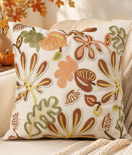 Fall Embroidered Throw Pillow Cover 18x18 Inch, Abstract Floral | Decorative Pillow Cover, Abstract Floral Cushion Case with Hidden Zipper, Autumn Decor for Couch, Sofa, Living Room, 1 Pack