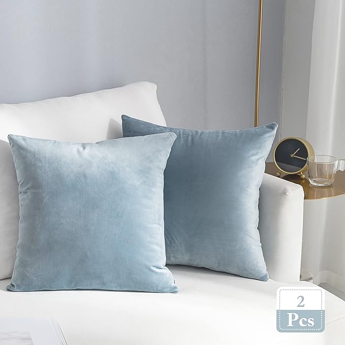 Stellhome Super Soft Velvet Square Throw Pillow Covers for Bed Couch Sofa Bench, 16 x 16 inch (40 x 40 cm), Silver Blue, Pack of 2
