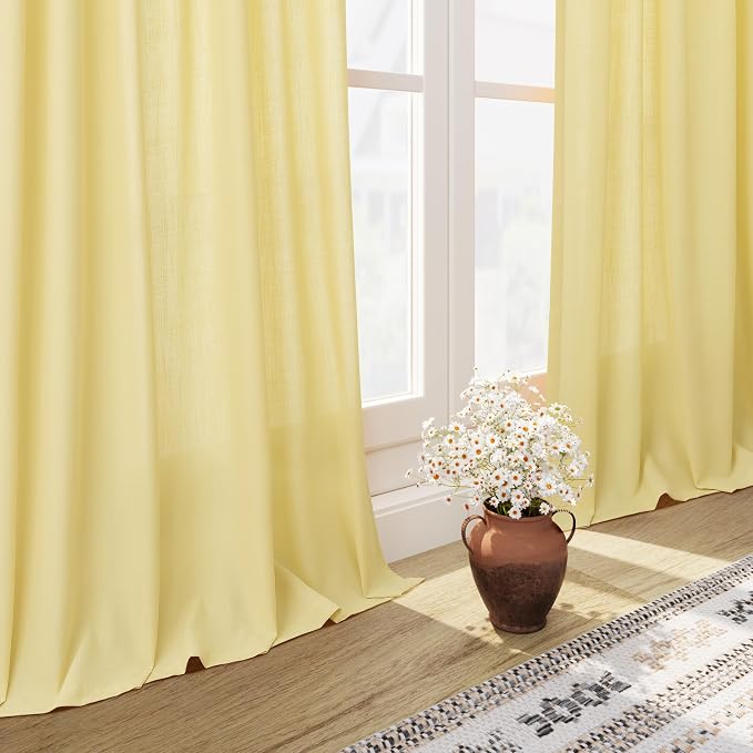 Yellow Linen Textured 96 Inch Curtains 2 Panel Set Back Tab Rod Pocket Sheer Light Filtering Boho Room Decor Aesthetic Curtain Burlap Look Curtain Drapes for Living Room Bedroom 8Ft 52x96 Inch