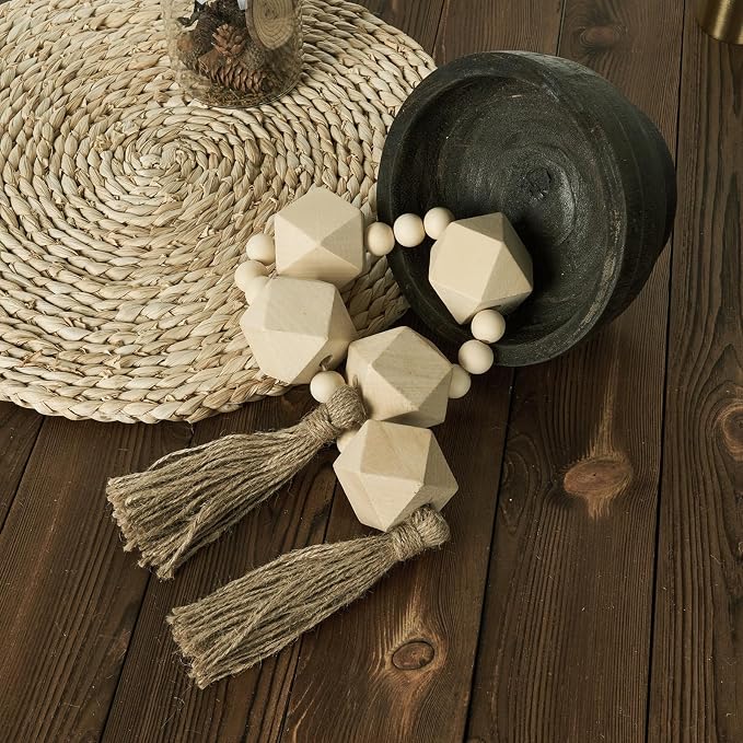 2" Octagonal Extra Large Wood Bead Garland with Tassels, 28" Long Rustic Farmhouse Wooden Beads Garland, Decorative Beads Boho Decorations for Home Table Mantle Natural Beige