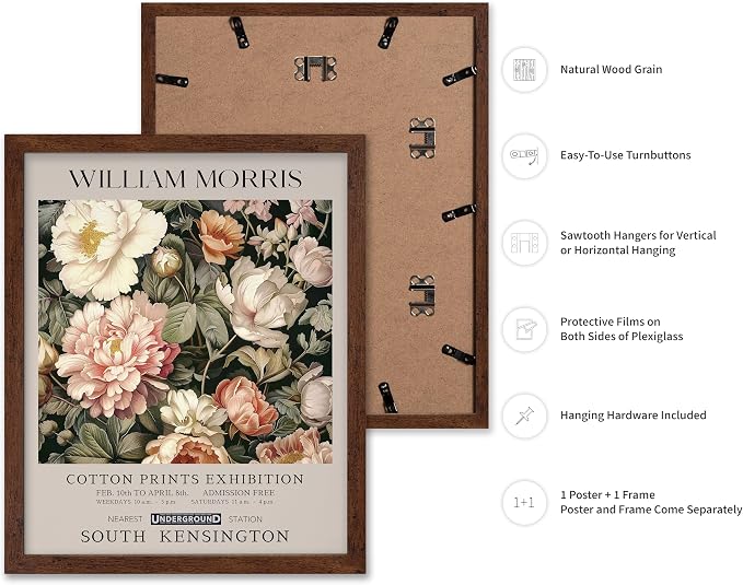 Poster Master William Morris Poster - Pink Peonies Print - Flower Art - Botanical Art - Exhibition Illustration - Textile Pattern Illustration - Floral Illustration - Aesthetic Office or Bedroom Decor - 8x10 Brown Framed