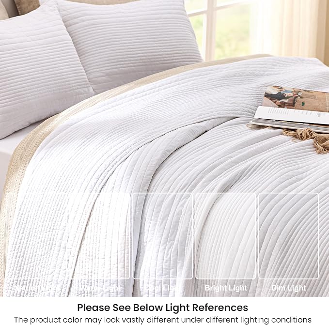 Love's cabin Queen Size Cotton Quilt Set, 100% Cotton Fabric Striped Textured Coverlet with Crinkled Look, Lightweight Quilted Bedspread for All Season, Includes 2 Pillow Shams, White | Lightweight