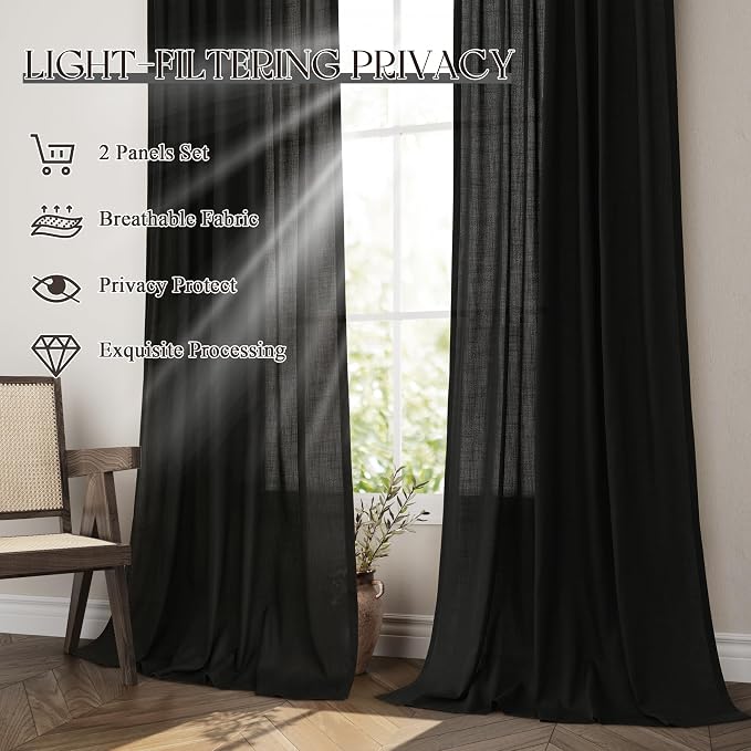 Jowels Black Linen Curtains 108 Inch Long 2 Panels for Living Room | Light Filtering Semi Sheer Curtain, Back Tab Pocket Pleated Look, Boho Farmhouse Textured Privacy Drapes for Bedroom Window