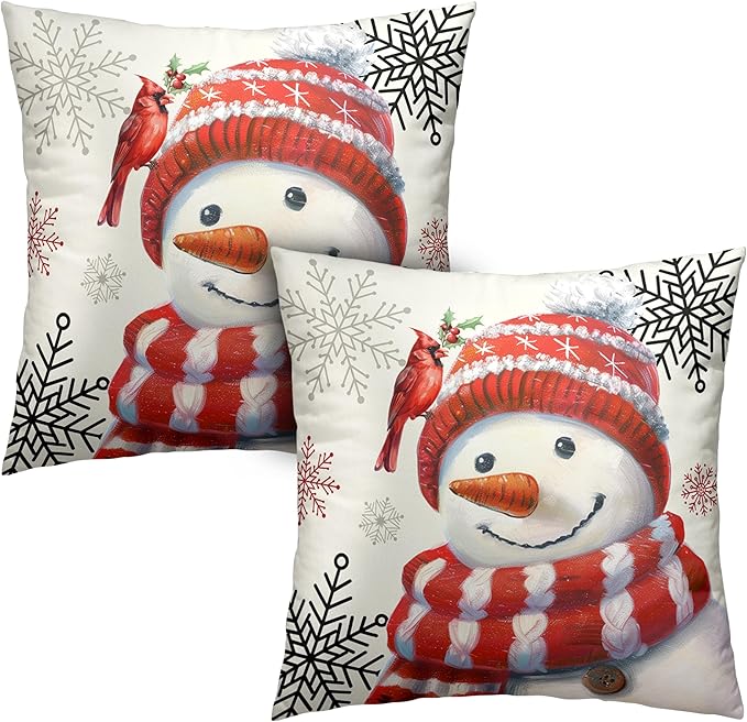 Snowman Pillow Covers 18x18 Set of 2 Christmas Winter Holiday Throw Pillow Covers Lovely Red Snowman with Cardinal Bird Snowflake Cushion Case for Living Room Bedroom Sofa