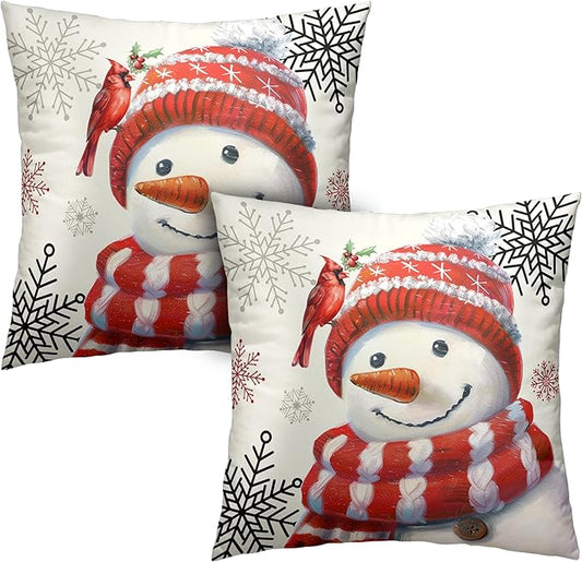 Snowman Pillow Covers 18x18 Set of 2 Christmas Winter Holiday Throw Pillow Covers Lovely Red Snowman with Cardinal Bird Snowflake Cushion Case for Living Room Bedroom Sofa