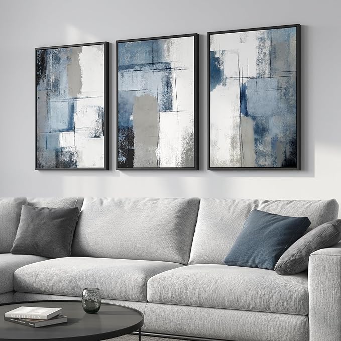 Large Framed Blue and Gray Modern Abstract Wall Art, 3 Piece Set, 20x30 In | Minimalist color block pictures, Canvas prints, Wood frame, Artwork for walls, Wall decor for living room bedroom hallway