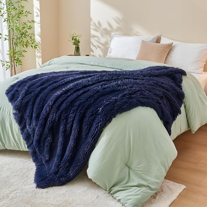 GONAAP Fuzzy Faux Fur Throw Blanket for Couch, Dark Navy, 50"x60" | Warm Cozy Plush Shaggy Decorative Reversible Thick Non-Heated Fleece Blanket for Sofa Bed, Gift for Women Men, All Season Use