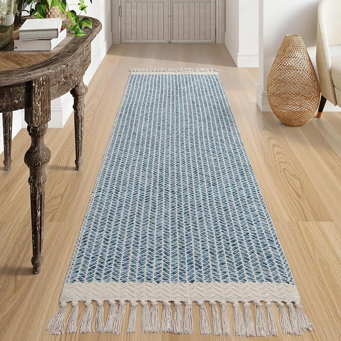 Lahome Boho Bathroom Runner Rug, 2'6''x8 Washable Rugs for Kitchen Hallway | Woven Cotton Throw Mat with Tassels, Farmhouse Blue Non Shedding Lightweight Carpet for Laundry Room Bath Rv Entryway Decor