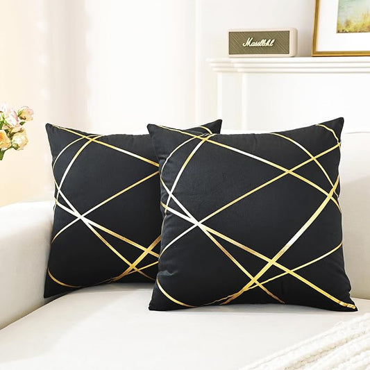 Gyulin Pack of 2 Velvet Throw Pillow Covers 18x18 Inch - Black Gold Foil Geometric Cushion Cases, Modern Luxury Sofa Bedroom Living Room Home Decor