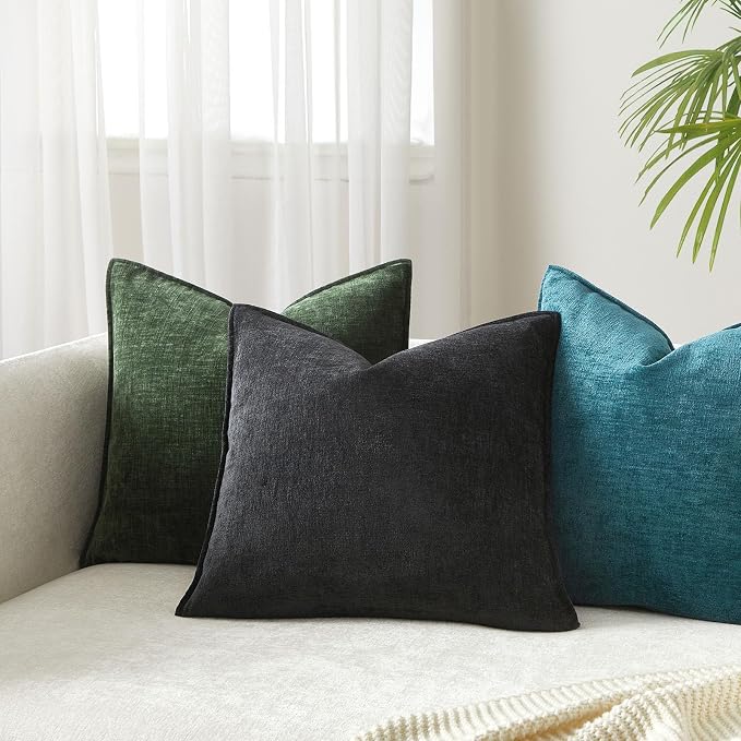 JUSPURBET 16x16 Chenille Decorative Throw Pillow Covers Set of 2,Black | Cozy Soft Cushion Covers Case with Hidden Zipper for Couch Sofa Bed Home Decor Living Room