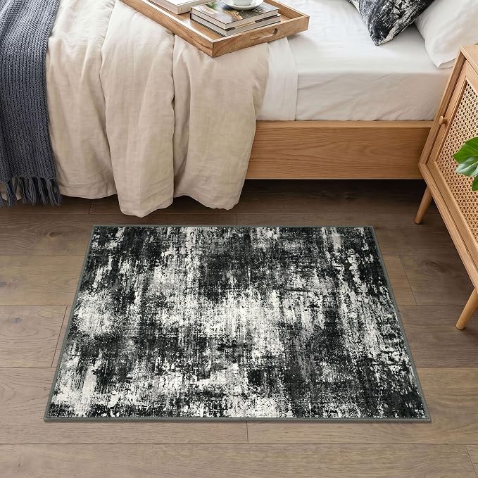Lansny Abstract Washable Entryway Rug 2x3 Area Rug Small Non Slip Door Mat | Charcoal Black;Thin Printed Faux Wool Kitchen Rugs;Indoor Front Door Rug;Entry Rug;Throw Rugs for Foyer,Entrance;Floor Carpet