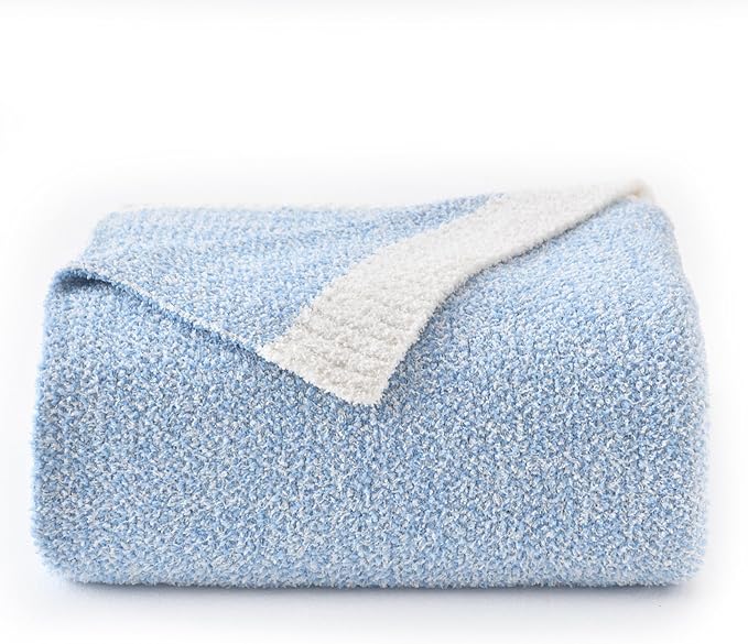 Chunky Knit Boucle Throw Blanket, Soft Washable Coastal Blanket for Bed Couch, Lightweight Cozy Oversized Feather Knit Blanket Indoor Outdoor for Sofa (Blue, Twin 60"x80")